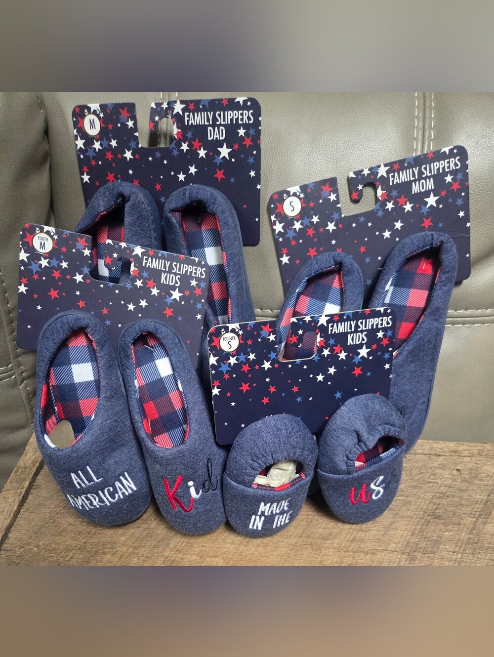 NWT All American Patriotic Blue Heather Matching Family Slippers Set ~ Bin 1O